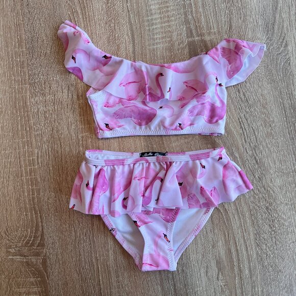 NWT STELLA COVE Ruffled Pink Flamingos off the shoulder swimsuit 4T - Picture 3 of 11